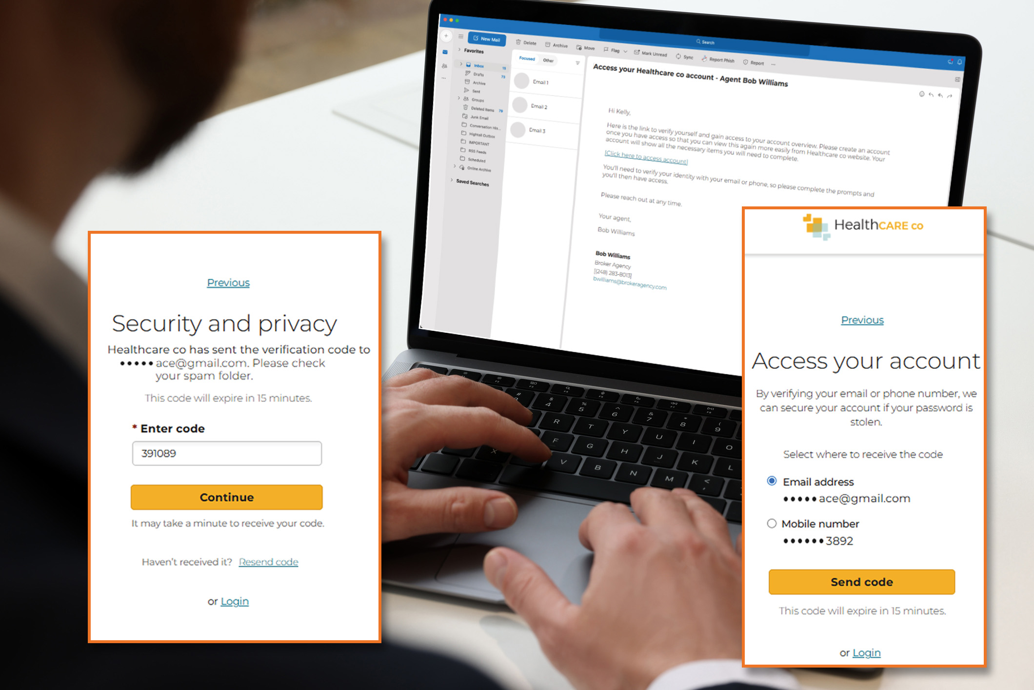 Man working on laptop at white desk in office, closeup